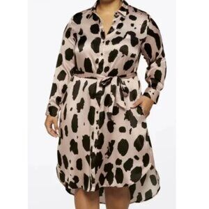 MEGAN RENEE Black and Pink Animal Print Button-Up Silk Shirt Dress